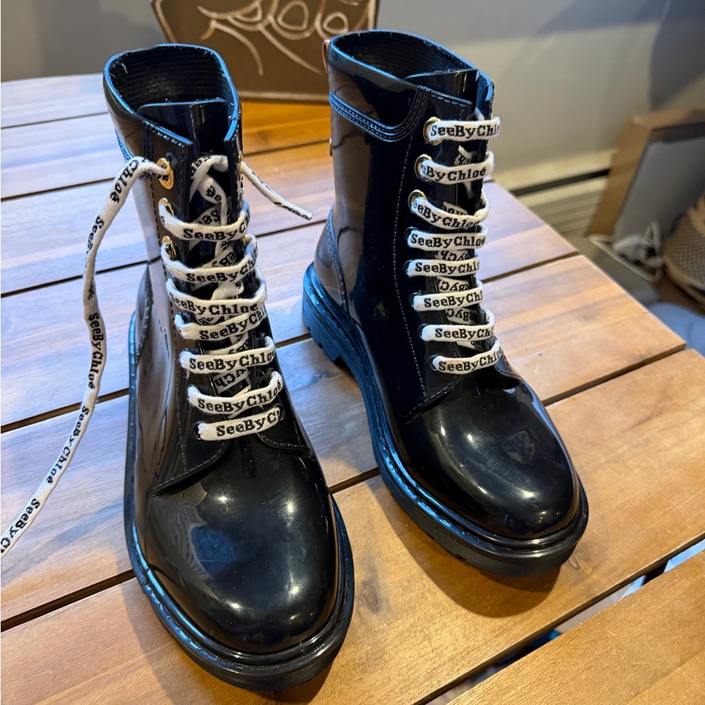 See By Chloe Glossy Black Combat Boots
